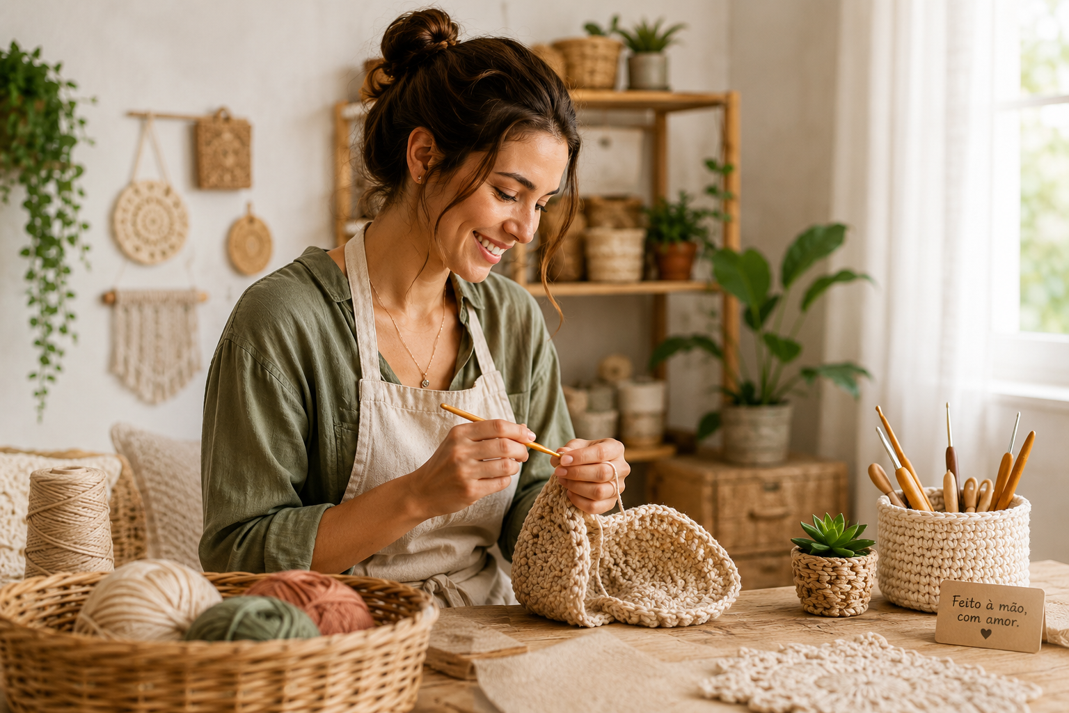Artesã confeccionando uma peça em crochê